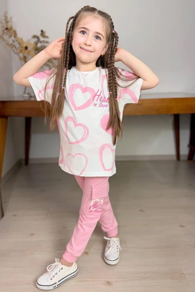Kız Çocuk Pano Kalp Baskı Bisiklet Yaka T-Shirt Kargo Cepli Alt Pembe Eşofman Takım ürün görseli