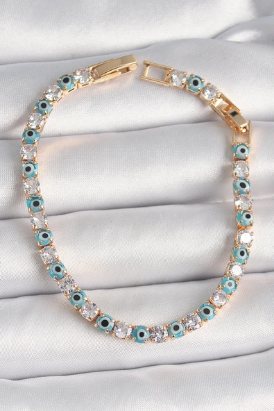 Pirinç Gold Renk Su Yolu Zirkon Taşlı Nazar Boncuklu Kadın Bileklik - EBJ250125W30782 ürün görseli