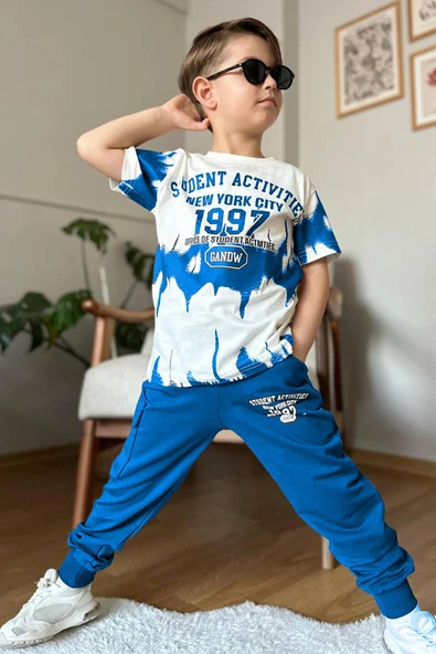 Erkek Çocuk New York City ve Yazı Baskılı T-Shirt Mavi Eşofman Takım - Resim 2