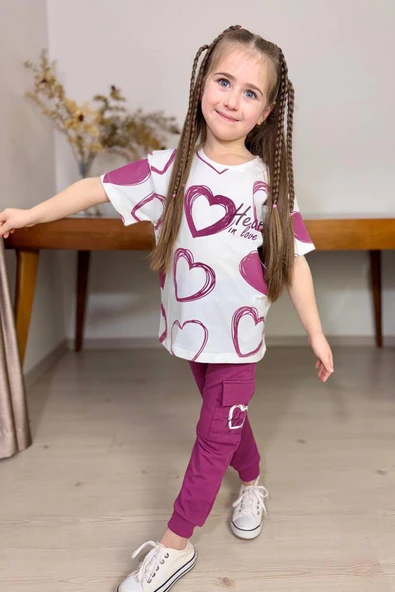 Kız Çocuk Pano Kalp Baskı Bisiklet Yaka T-Shirt Kargo Cepli Alt Mor Eşofman Takım - 1