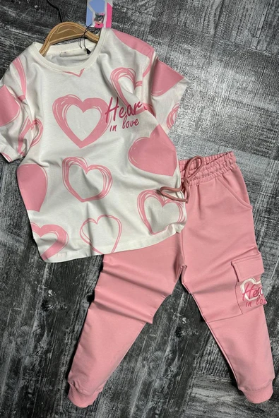 Kız Çocuk Pano Kalp Baskı Bisiklet Yaka T-Shirt Kargo Cepli Alt Pembe Eşofman Takım - Resim 5