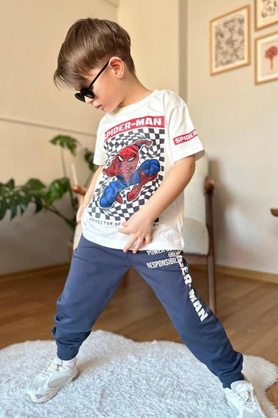 Erkek Çocuk Kare Desen ve Örümcek Adam Detay ve Yazı Baskılı T-Shirt Füme Eşofman Takım - 2