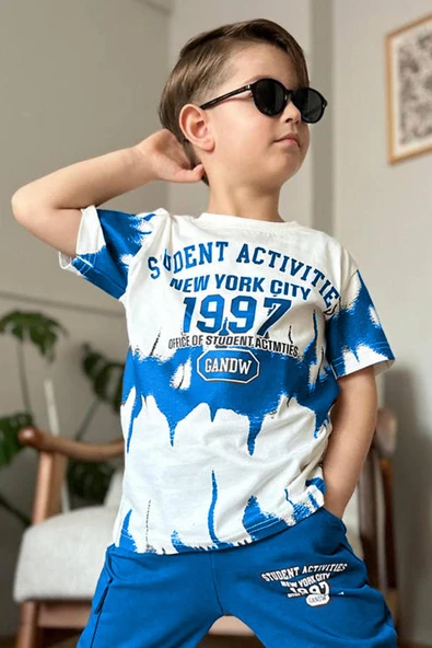 Erkek Çocuk New York City ve Yazı Baskılı T-Shirt Mavi Eşofman Takım - Resim 3