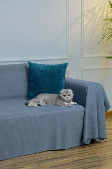 Mikrofiber Şönil Fitilli Minimalist Koltuk Örtüsü -175x300 cm Large, Çift Taraflı, Kaymaz, Terletmez Mavi