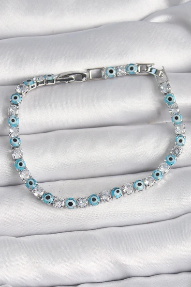 Pirinç Gümüş Renk Su Yolu Zirkon Taşlı Nazar Boncuklu Kadın Bileklik - EBJ250125W30781 ürün görseli