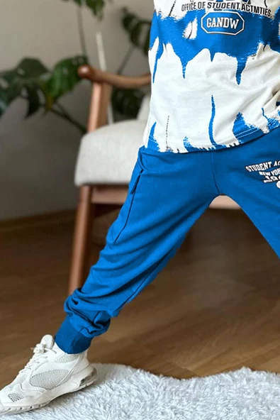 Erkek Çocuk New York City ve Yazı Baskılı T-Shirt Mavi Eşofman Takım - Resim 4