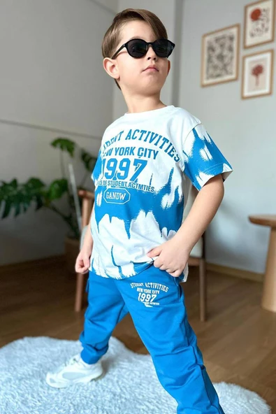 Erkek Çocuk New York City ve Yazı Baskılı T-Shirt Mavi Eşofman Takım ürün görseli