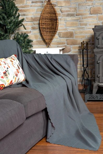 Mikrofiber Şönil Fitilli Minimalist Koltuk Örtüsü -175x300 cm Large, Çift Taraflı, Kaymaz, Terletmez Gri - Resim 2