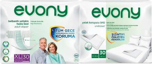 Evony Hasta Bezi Yetişkin Bel Bantlı Tekstil Yüzey Ekstra Büyük 30 Adet+ Yatak Koruyucu Örtü 30 Adet