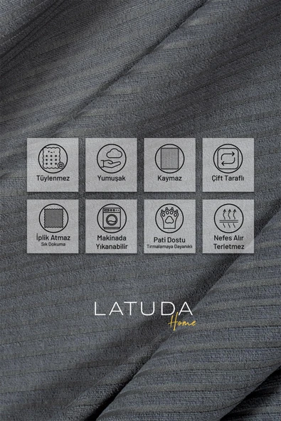 Mikrofiber Şönil Fitilli Minimalist Koltuk Örtüsü -175x300 cm Large, Çift Taraflı, Kaymaz, Terletmez Gri - Resim 3