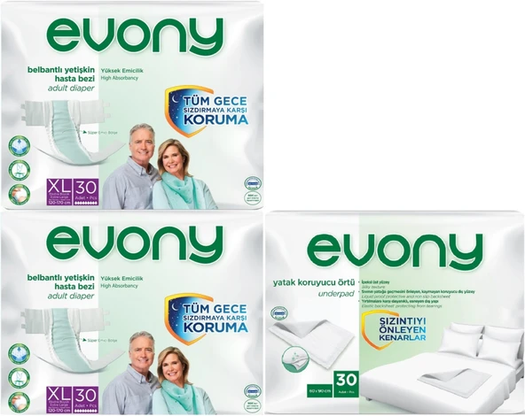 Evony Hasta Bezi Yetişkin Bel Bantlı Tekstil Yüzey Ekstra Büyük 60 Adet+ Yatak Koruyucu Örtü 30 Adet