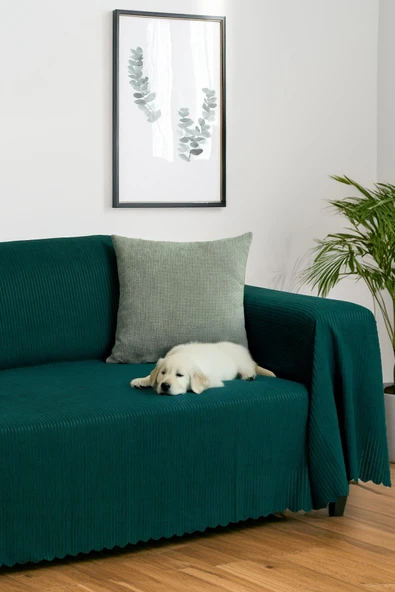 Mikrofiber Şönil Fitilli Minimalist Koltuk Örtüsü -175x300 cm Large, Çift Taraflı, Kaymaz, Terletmez Zümrüt ürün görseli 1