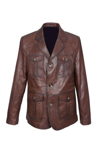 Safari Model Fındık Renk Erkek Deri Ceket