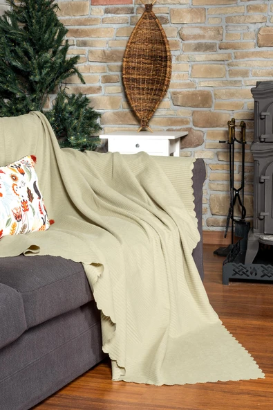 Mikrofiber Şönil Fitilli Minimalist Koltuk Örtüsü -175x300 cm Large, Çift Taraflı, Kaymaz, Terletmez Krem - 2