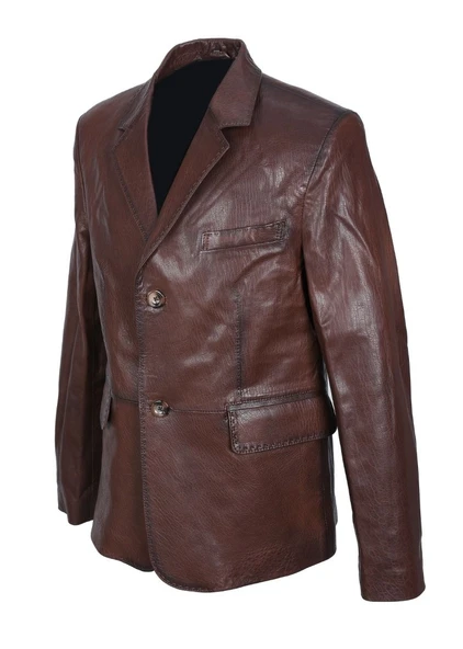 Fındık Renk Punto Dikişli Klasik Spor Bleyzır Deri Çeket - 9