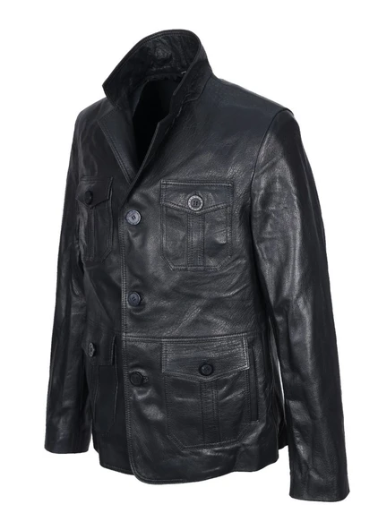 Safari Model Siyah Renk Erkek Deri Ceket - 4