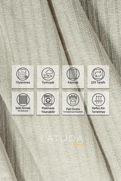 Mikrofiber Şönil Fitilli Minimalist Koltuk Örtüsü -175x300 cm Large, Çift Taraflı, Kaymaz, Terletmez Krem - 3