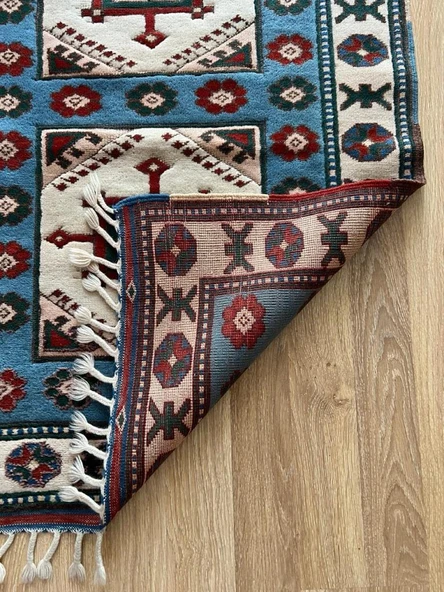 84x264 cm El Dokuma Uzun Yolluk, Mavi Bej Renkli Harika Kondisyonlu Yolluk, Vintage Severler için Ev Dekoru - 10