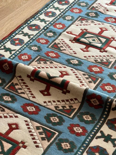 84x264 cm El Dokuma Uzun Yolluk, Mavi Bej Renkli Harika Kondisyonlu Yolluk, Vintage Severler için Ev Dekoru - 4