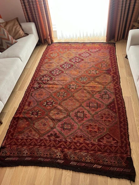 166x292 cm Büyük Boy Kırmızı Uşak Kilim, Geometrik Desenli Büyük Salon & Ofis için El Dokuma Nostaljik Kilim