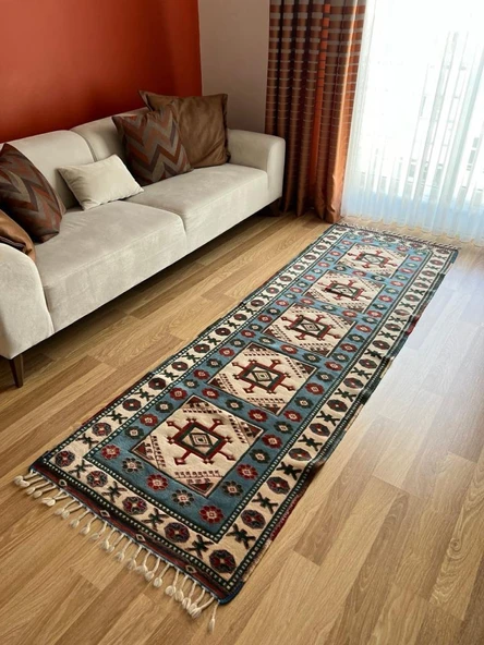 84x264 cm El Dokuma Uzun Yolluk, Mavi Bej Renkli Harika Kondisyonlu Yolluk, Vintage Severler için Ev Dekoru - 2