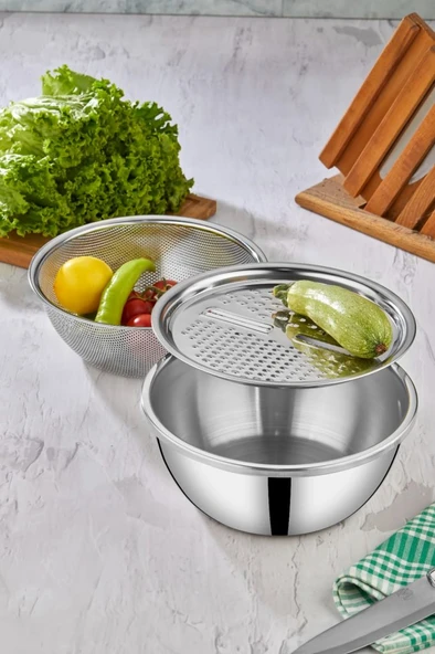 Cooker Paslanmaz Çelik 3 Parça Rendeli Süzgeçli Karıştırma Kabı