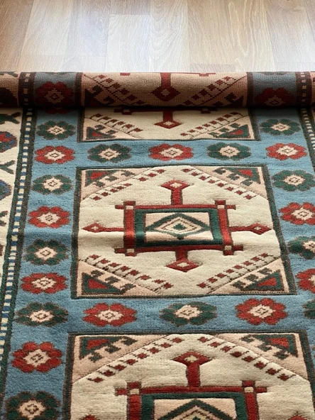 84x264 cm El Dokuma Uzun Yolluk, Mavi Bej Renkli Harika Kondisyonlu Yolluk, Vintage Severler için Ev Dekoru - 9