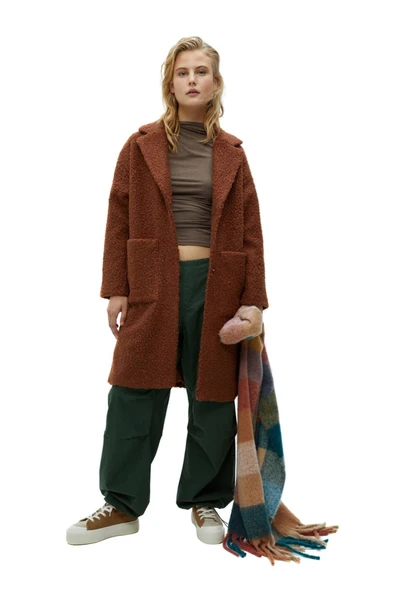 Pull & Bear Buklet Suni Kürk Kaban Kavruk Rengi
