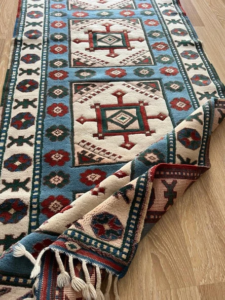 84x264 cm El Dokuma Uzun Yolluk, Mavi Bej Renkli Harika Kondisyonlu Yolluk, Vintage Severler için Ev Dekoru - 8