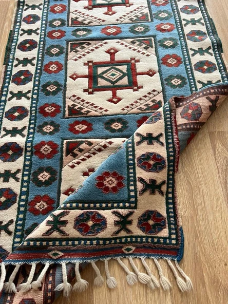 84x264 cm El Dokuma Uzun Yolluk, Mavi Bej Renkli Harika Kondisyonlu Yolluk, Vintage Severler için Ev Dekoru - 6