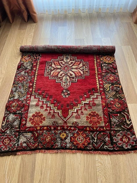 96x142 cm Kırmızı Renk El Dokuma Türk Halı, Harika Desenli ve Kondisyonlu Türk Kilim, Vintage Severler için Yün Halı - 6