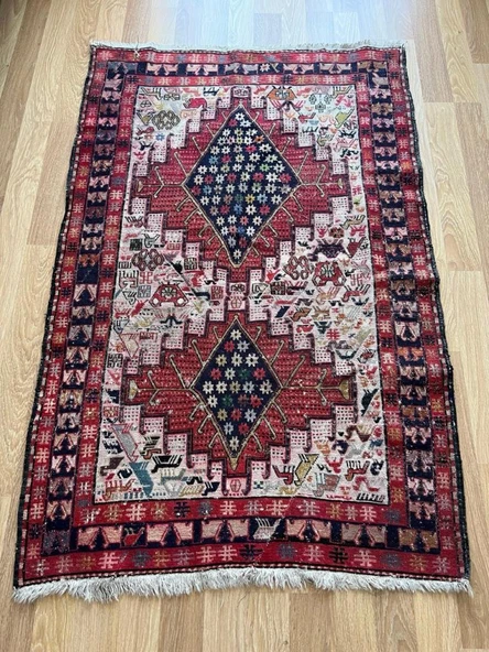 112x170 cm El Dokuma Kilim, Ender Desenli Hayvan Figürlü Yün Kilim, Nostaljik Severler için Harika Kilim