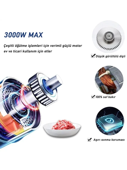 Harlem Pro Force Meat Grinder 3000 W Et Kıyma Makinesi, Sucuk, Sosis, İçli Köfte Aparatlı - 4