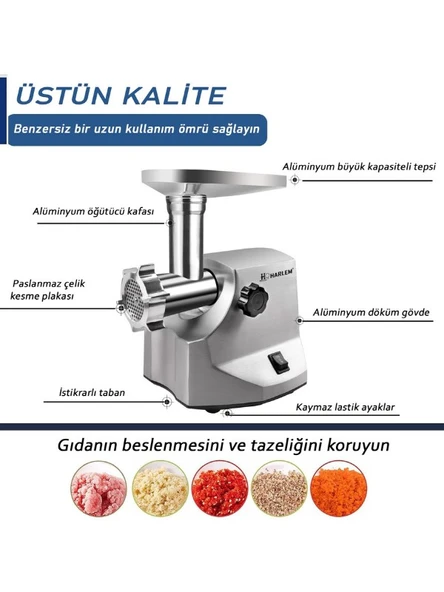 Harlem Pro Force Meat Grinder 3000 W Et Kıyma Makinesi, Sucuk, Sosis, İçli Köfte Aparatlı - 2