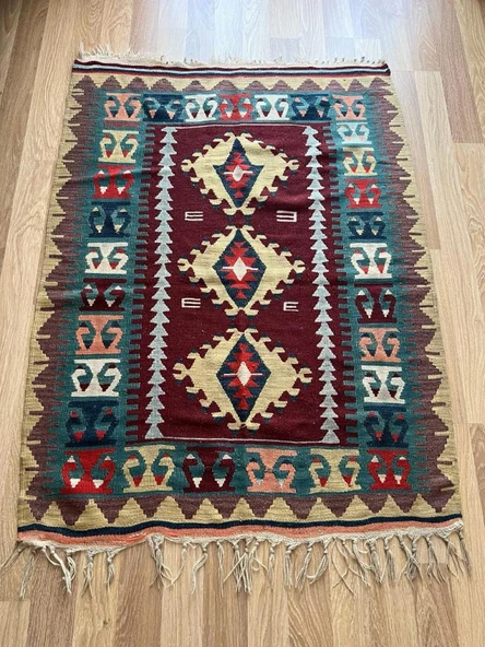 110x150 cm Küçük Boy Canlı Renkli Kilim, Harika Desenli ve Kondisyonlu, Vintage Severler için Ev Hediyesi