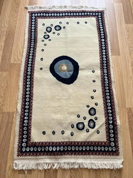 110x150 cm Bohem Tarzı Nazar Boncuk Desenli Halı, El Dokuma Yün Halı, Harika Kondisyonlu Şık Kilim