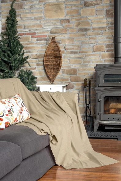 Mikrofiber Şönil Fitilli Minimalist Koltuk Örtüsü -175x350 cm XLarge, Çift Taraflı, Kaymaz, Terletmez Bej - Resim 2