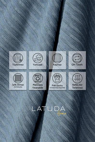 Mikrofiber Şönil Fitilli Minimalist Koltuk Örtüsü -175x350 cm XLarge, Çift Taraflı, Kaymaz, Terletmez Mavi - Resim 3