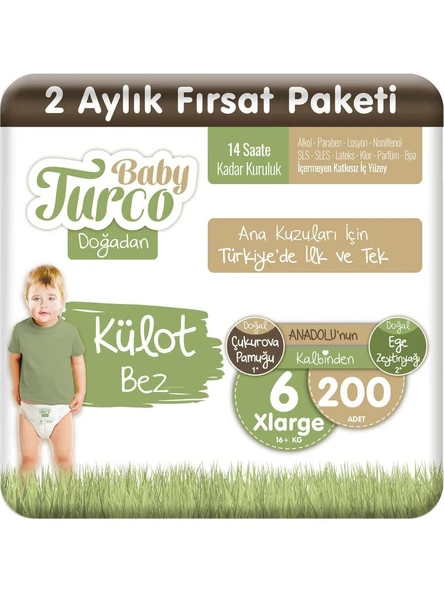 Baby Turco Doğadan 6 Numara Xlarge 200'lü Külot Bez