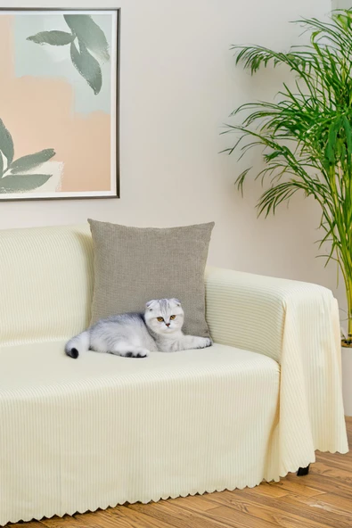 Mikrofiber Şönil Fitilli Minimalist Koltuk Örtüsü -175x350 cm XLarge, Çift Taraflı, Kaymaz, Terletmez Ekru