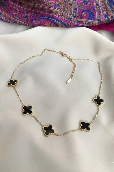 Altın Renk Beş Parçalı Siyah Sedef Van Cleef Bijuteri Kolye- 3163 - 1