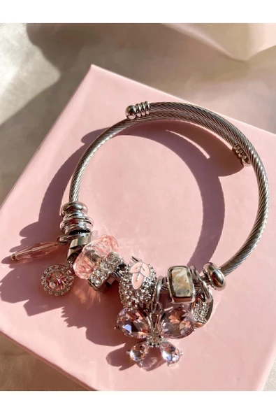 Gümüş Renk Kristal Pembe Kelebek Charmlı Pandora Çelik Bileklik -  3190 ürün görseli 1