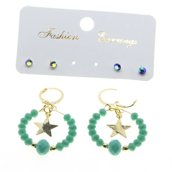 Altın Renk Yuvarlak Yıldız Kombin Yeşil Boncuk Küpe - 2865 ürün görseli 1