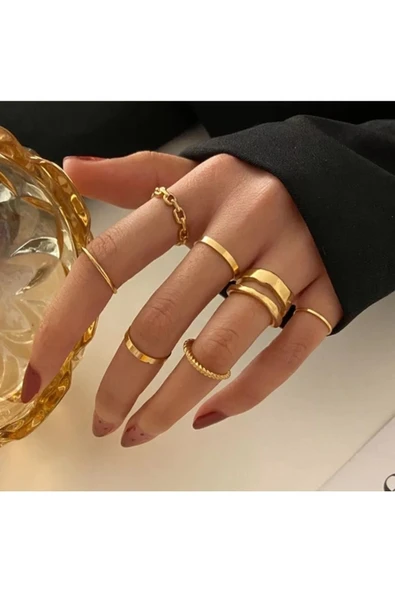 Altın Renk Kadın Gold 10'lu Kombin Yüzük Seti - 2897 - 6