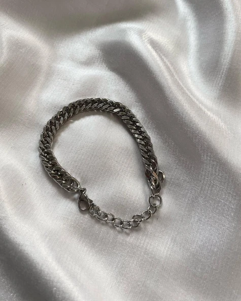 Gümüş Renk Sık Aralıklı Yassı Zincir Unisex Çelik Bileklik -  3012 - 2