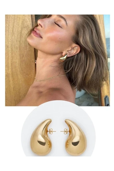 Altın Renk Göz Yaşı Bottega Küpe Kadın Damla Küpe Vip Kararmaz Solmaz Çelik Küpe - 3013 - 4