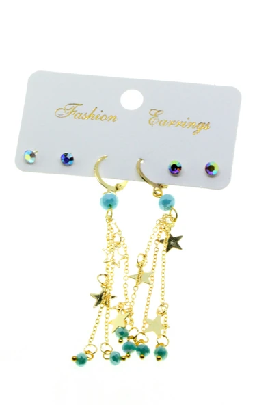 Altın Renk Yıldız Püsküllü Kombin Turkuaz Boncuk Küpe - 2833 ürün görseli 1