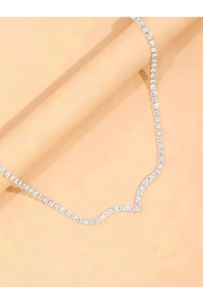 Gümüş Renk Katmanlı Su Yolu  V Model Yeni Sezon Vip Zirkon Abiye Kolye - 2409 ürün görseli 1