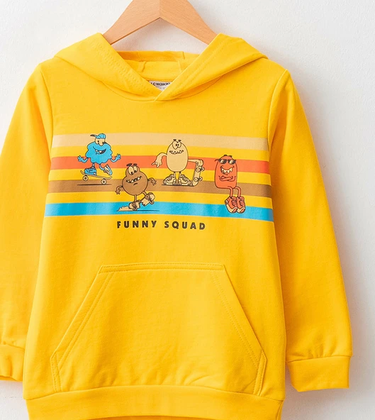 LC Waikiki Kapüşonlu Baskılı Uzun Kollu Erkek Çocuk Kazak - 3