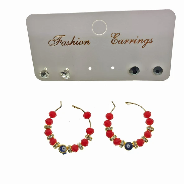 Altın Renk Kırmızı Boncuk Şık Sallantılı El İşi Kombin Küpe - 2239 ürün görseli 1